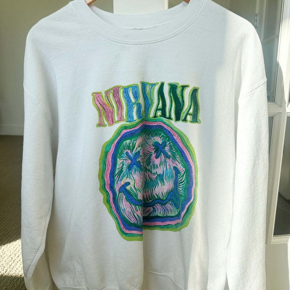 Tilly's White Nirvana Graphic Crewneck Sweater Large